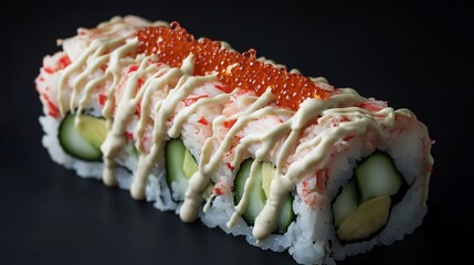 Japanese crab sushi roll cucumber avocado and crab meat drizzled with spicy mayo and topped with roe displayed on a black background
