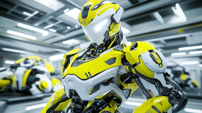 A futuristic yellow and white robot stands inside a building
