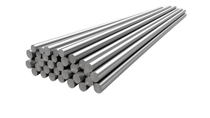 A stack of shiny metal rods with rounded ends arranged diagonally on a black backgroundisolated on transparent background	