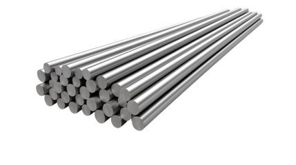 A stack of shiny metal rods with rounded ends arranged diagonally on a black backgroundisolated on transparent background	