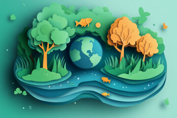 Ecology Illustration Globe with Paper Cut Trees and Orange Fish in Layered Landscape Art on Green and Blue Gradient Background