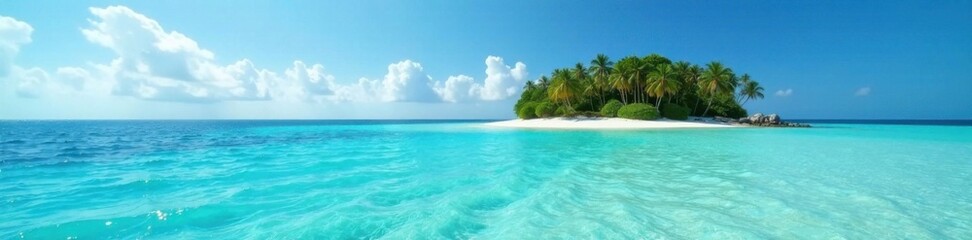 Island in the distance with turquoise waters lapping at its shores, distant, beach