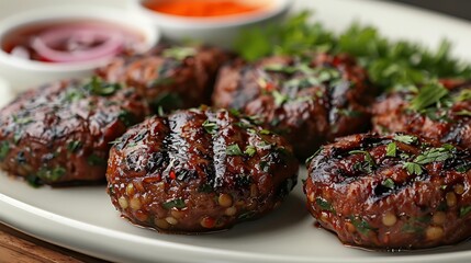 Pakistani shami kabab vegetarian version lentils and eggs arranged on white ceramic tray