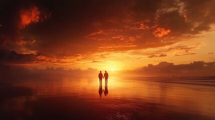 Fototapeta premium Silhouetted against a vibrant sunset, a couple stands hand-in-hand on a wet beach, their figures mirrored in the reflective sand.