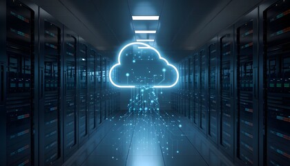 Cloud Data Center: Futuristic shot capturing the essence of digital transformation and cloud computing, a radiant neon cloud hovers over a data center, visualizing the storage and flow of information.