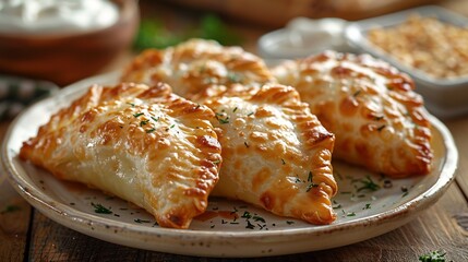 Polish pierogi dumplings filled potato and cheese arranged on white ceramic dish with sour cream