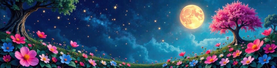 Naklejka premium Magical flowers and trees in a mystical garden with sparkling stars and moons banner, illustrations, fantasy