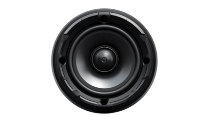 Close up shot of a black speaker with a circular design on a black background in studio lightisolated on transparent background	