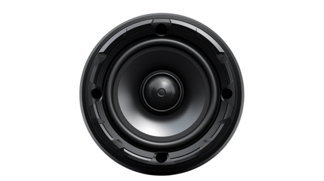 Close up shot of a black speaker with a circular design on a black background in studio lightisolated on transparent background	
