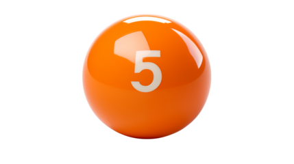 Isolated orange billiard ball with the number five in white on a black background studio shotisolated on transparent background	
