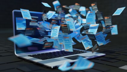 Data Explosion: An artistic visual showcasing a laptop with documents bursting forth, symbolizing information overload. Evokes the dynamism of digital communication.