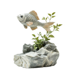 Obraz premium Sculpture of a fish on a rock with a plant against a Transparent background, sculpture a fish on a rock with a plant, PNG background
