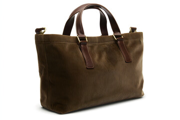 Naklejka premium beige corduroy tote bag with leather trim and brass hardware at angle showing capacity and exterior pockets, white background