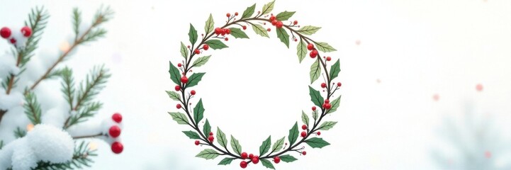 Obraz premium Minimalist wreath features whimsical doodled holly and festive decorations on a snowy white background , isolated, festive, holly