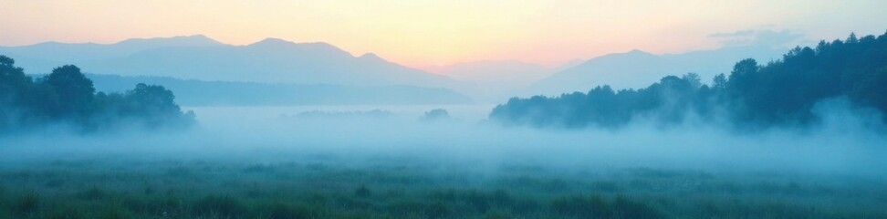 Fototapeta premium Misty morning with foggy veils and delicate blue mist, morning, fog