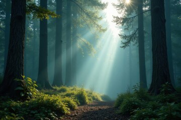 Obraz premium Misty veil rises from forest floor amidst towering trees, atmosphere, trees, mist
