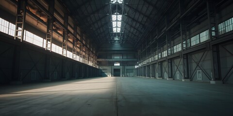 Empty Warehouse: Dramatic indoor shot of a vast, empty warehouse space with an industrial aesthetic, perfect for a concept. The cavernous interior, illuminated by strategically placed light sources.
