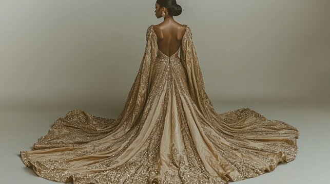 Woman in gold gown with flowing cape and open back, elegant and regal pose