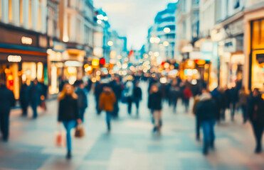 Blurred street scene showcasing a bustling pedestrian area with shops and many people walking around