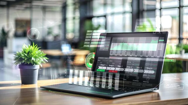 Laptop showing business analytics and data analysis in modern office