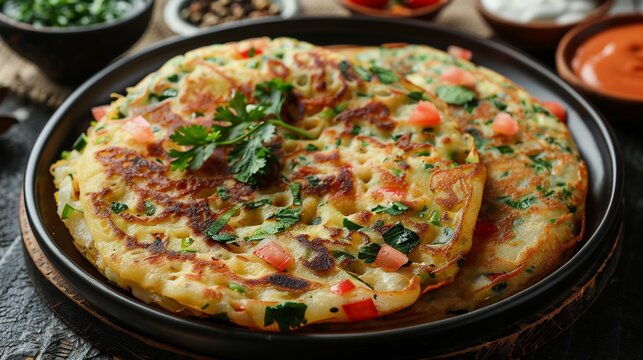 South Indian uttapam savory pancake vegetables and yogurt dip served on white plate