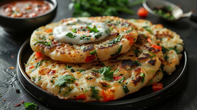 South Indian uttapam savory pancake vegetables and yogurt dip served on white plate
