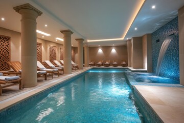 Fototapeta premium Indoor swimming pool with relaxing ambiance and inviting features