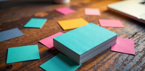 Fototapeta premium Multicolored business cards scattered on a wooden desk, cluttered, business cards
