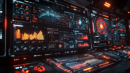 Futuristic control panel with glowing red and orange data displays.