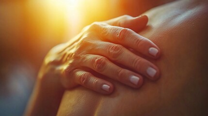 Woman holding her shoulder in pain, backlit by sunlight.