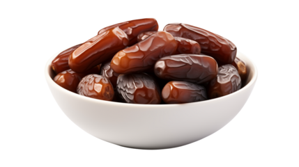 A white bowl filled with a generous portion of plump, dark brown dates against black backdropisolated on transparent background	