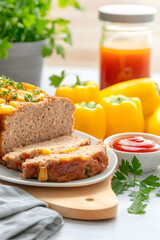 family-style meatloaf dinner with sliced portions, small bowl of ketchup, roasted vegetables, and fresh herbs