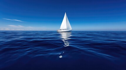 Solitary sailboat on a vast, deep blue ocean under a clear sky