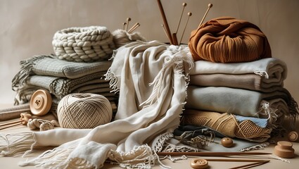 Fototapeta premium handwoven textiles, including linen, cotton, and wool fabrics in soft, earthy hues. The textures should be rich and natural, with frayed edges, knitting needles, and wooden buttons scattered around