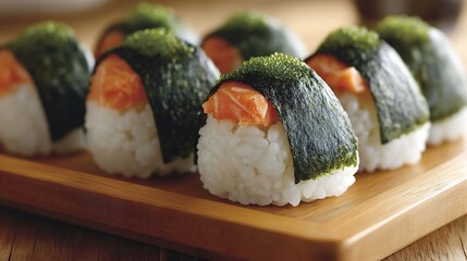 Japanese onigiri rice balls wrapped nori filled with salted salmon and displayed on a wooden tray for a simple snack