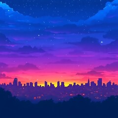 Colorful city skyline sunset panorama