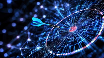 A glowing digital dartboard with a blue dart striking its center, surrounded by a network of interconnected lines and nodes.