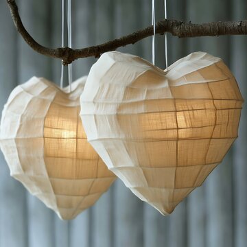 Heart-shaped paper lanterns hanging, rustic branch background.  Possible use wedding decor
