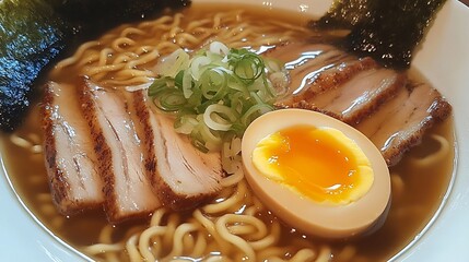 Japanese ramen miso broth soft boiled egg and sliced pork garnished with nori and scallions