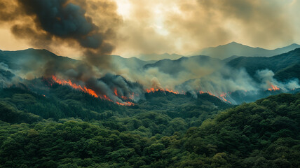 山林斜面を襲う炎と黒煙の大規模森林火災