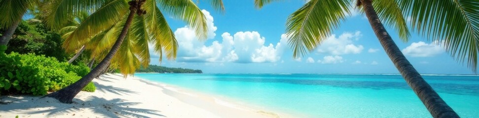 Fototapeta premium Palm tree-lined shoreline with turquoise water, blue water, greenery, tropical