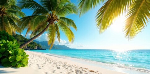 Fototapeta premium Palm trees sway gently on sandy white beach with turquoise ocean water and warm sunlight filtering through the air, sunset, golden hour