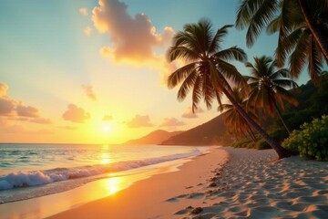 Fototapeta premium Palm trees sway gently on a tropical sandy beach at sunset with warm golden light, beach landscape photography, island life