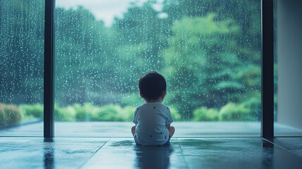 Fototapeta premium 雨音に耳を澄ます園児と窓のしずくが描く静けさ