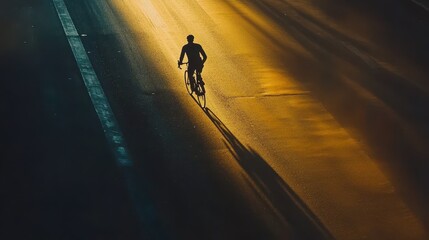Cyclist silhouette speeding down sunlit road, casting a long shadow, symbolizing freedom, endurance, and the beauty of an active lifestyle.