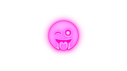 Face grin tongue wink icon pink color glowing neon on transparent background