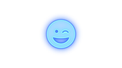 Face grin wink icon blue color glowing neon on transparent background