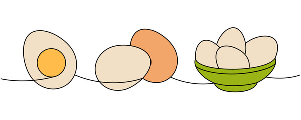 Set of raw eggs one line colored continuous drawing. Boiled eggs, broken eggshell, omelette, protein and yolk. Vector illustration