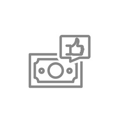 Money with thumb up in speech bubble line icon. Financial success symbol. Vector illustration.