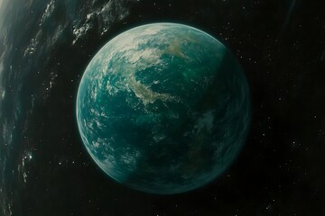 A vibrant bluish green planet suspended in a dark star field